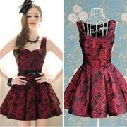 Gorgeous Wine Red Rose Pleated Dress