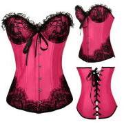 Pink Lace Santin Corset Bustier & Matching G-String