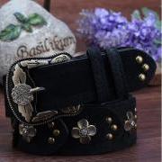 Gorgeous Black Vintage Style Genuine Leather Belt With Beautiful Faux Diamonds