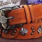 Gorgeous Brown Vintage Style Genuine Leather Belt With Beautiful Faux Diamonds