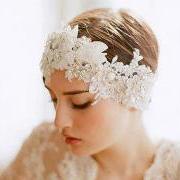 Luxurious Handmade Flower Lace Pearl Bridal Headband Veil 