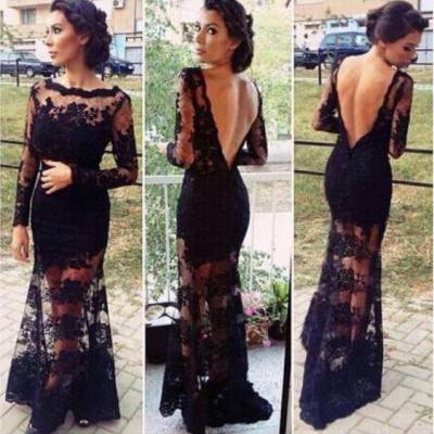 Elegant Black Embroidered Lace Backless Dress