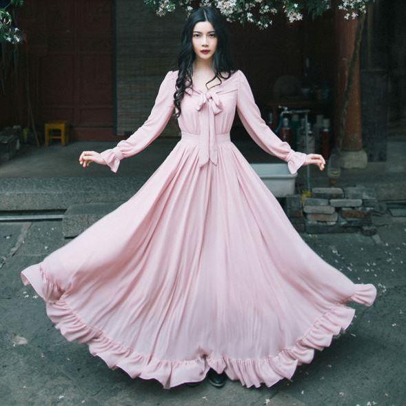 Pink Longsleeve Chiffon Vintage Style Dress on Luulla